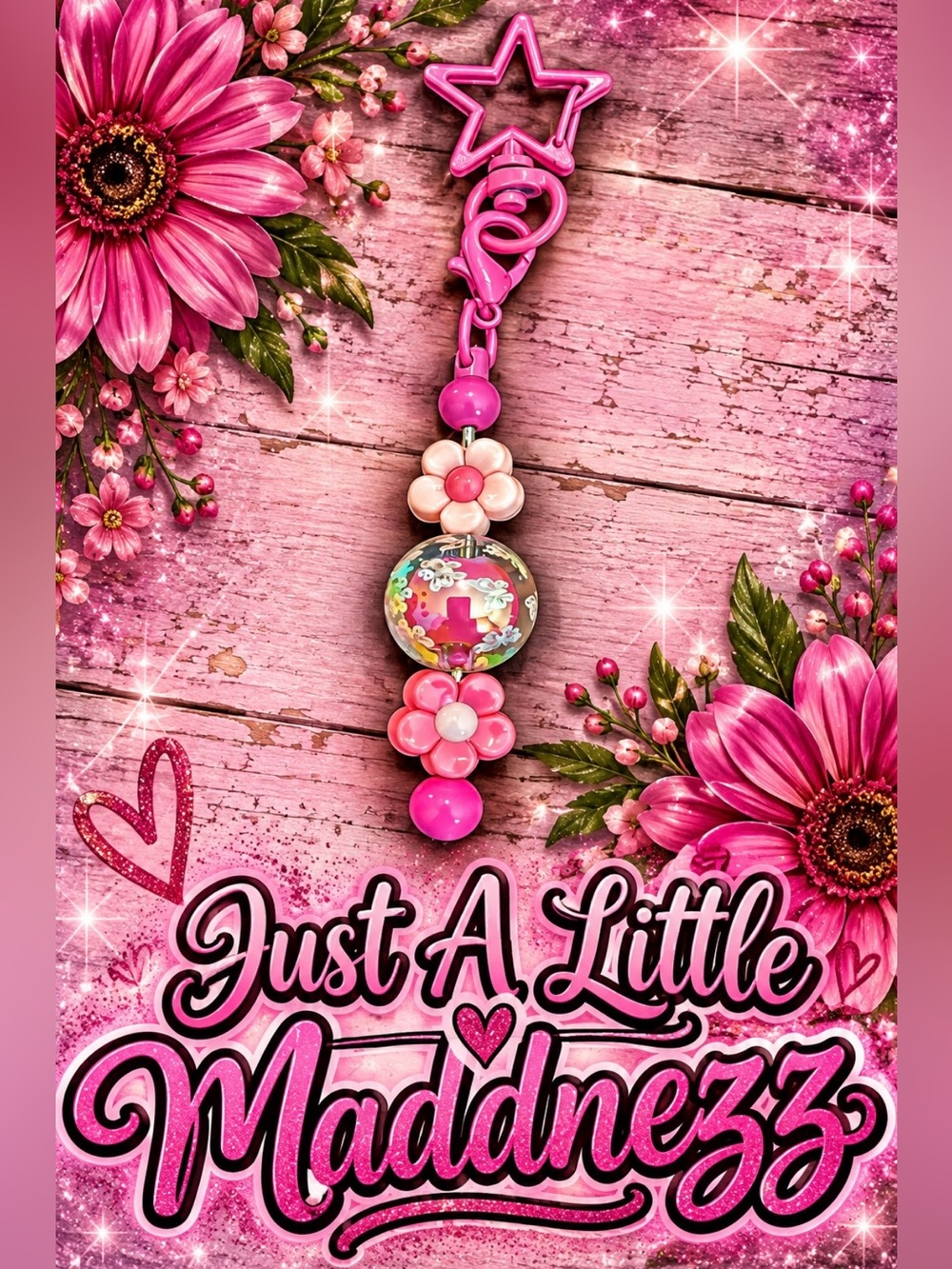 Pink Flower Beaded Star Keychain Charm